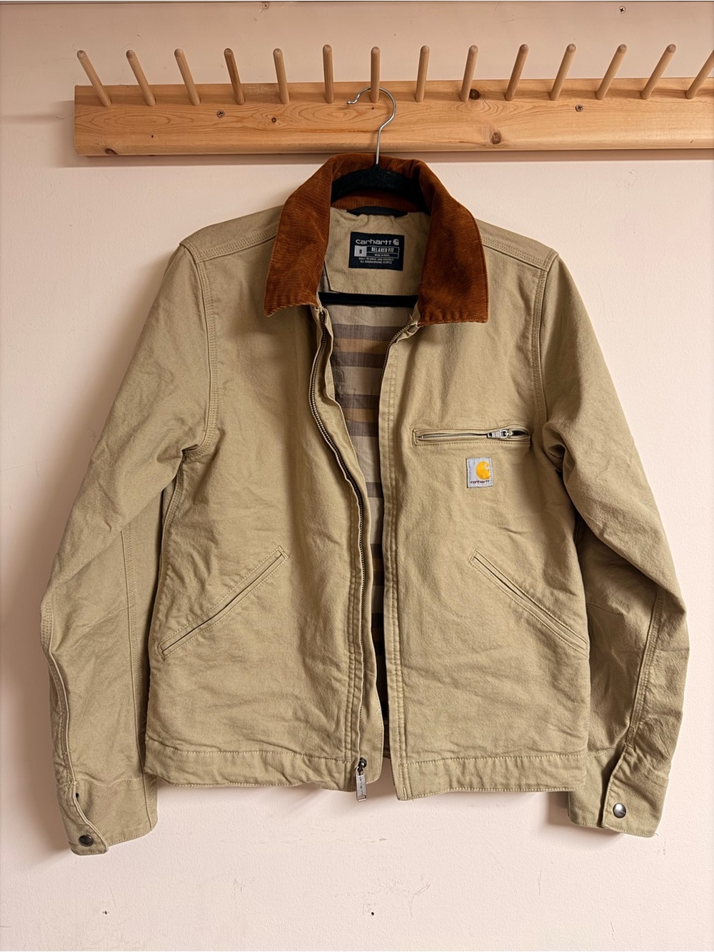 Carhartt Men’s Khaki Work Jacket with Brown Corduroy Collar